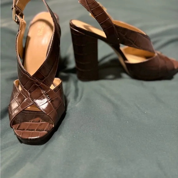 Michael Kors Becky Embossed Leather Sandal Heels Elegant Brown Slingback Heels - Picture 2 of 6